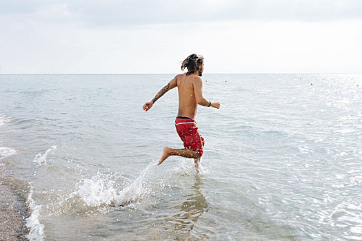 男人,跑,海洋