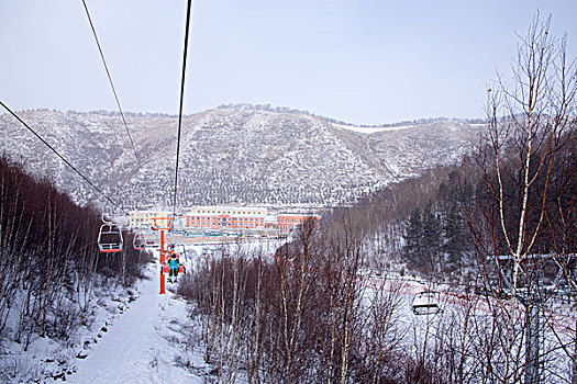 缆车,上方,积雪,山,长城岭