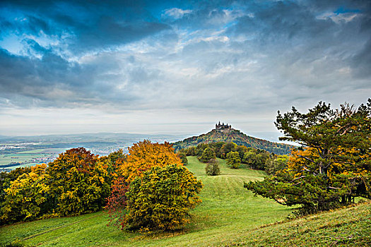 风景,瞭望点,霍亨索伦,城堡,秋天,巴登符腾堡,德国,欧洲