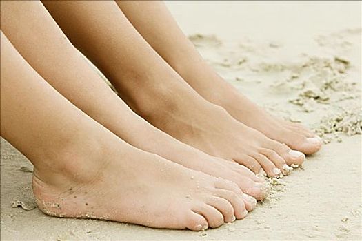 特写,脚,两个人,沙滩