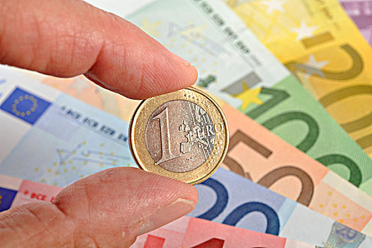 硬币,拿,手指,正面,多样,欧元,货币