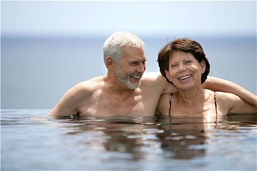 老年,夫妻,微笑,游泳池