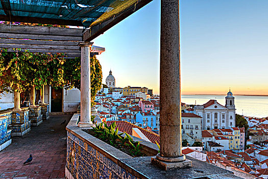 风景,穹顶,教堂,日出,里斯本,葡萄牙