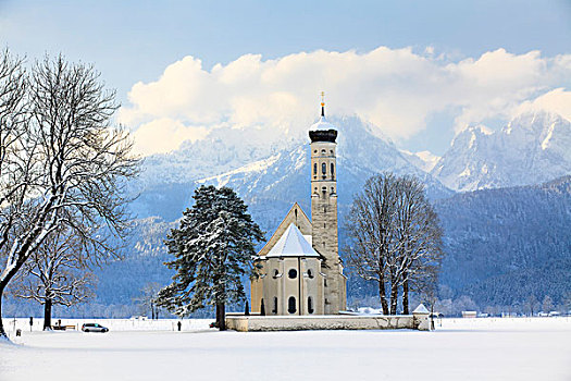 教堂,正面,阿尔卑斯山,靠近,新天鹅堡,巴伐利亚,德国