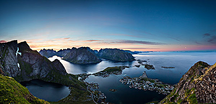 风景,子夜太阳,瑞恩,山,莫斯克内斯,罗弗敦群岛,挪威,欧洲