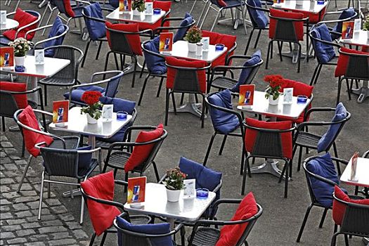 桌子,椅子,彩色,座椅,垫子,空,平台,露天餐馆,北莱茵威斯特伐利亚,德国