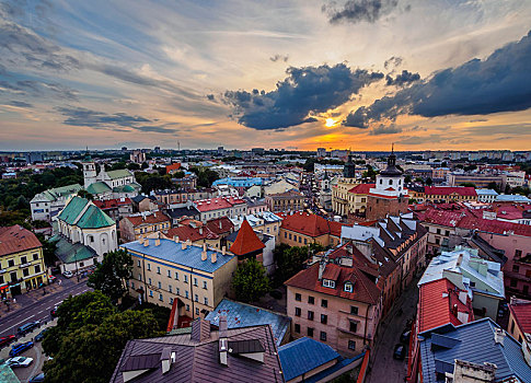 俯视图,老城,日落,卢布林,波兰,欧洲