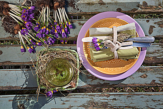 餐具摆放,亚麻布,餐巾,餐具,紫色,藏红花,木质,表面