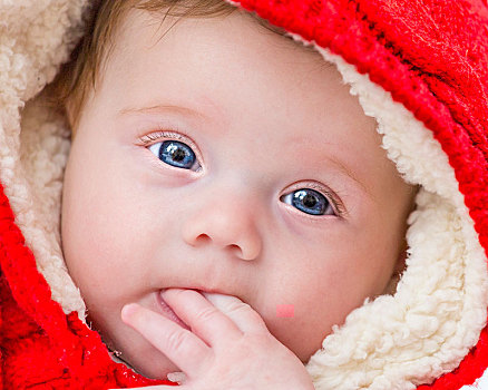 蓝色眼睛,女婴,温暖,红色,帽子