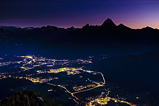 风景,山谷,夜晚,后面,贝希特斯加登,阿尔卑斯山,瓦茨曼山,贝希特斯加登地区,上巴伐利亚,巴伐利亚,德国,欧洲