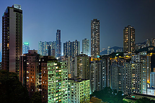 香港,拥挤,建筑,夜晚