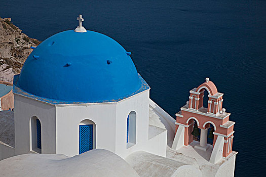希腊,锡拉岛,钟楼,蓝色,圆顶,教堂,乡村