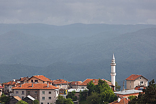 保加利亚,南方,山,乡村,俯视图,清真寺尖塔
