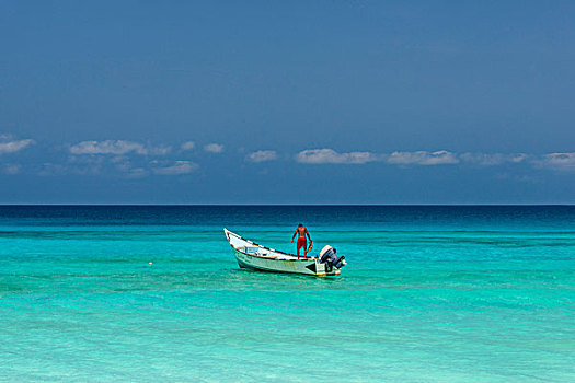 渔船,青绿色,水,湾,岛屿,索科特拉岛,也门,亚洲
