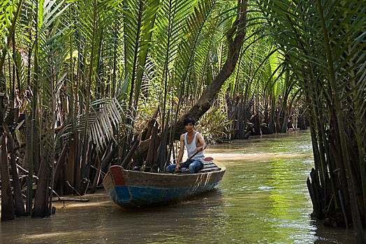 船夫,支流,湄公河三角洲,湄公河,越南,亚洲