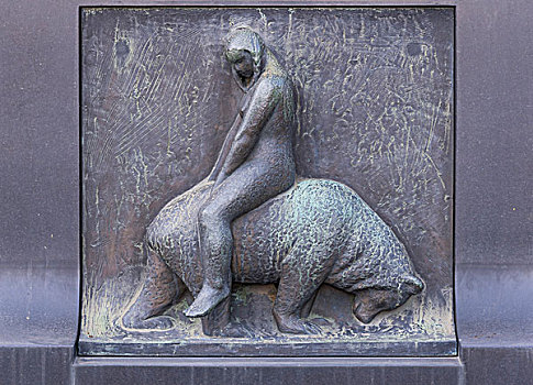 美女,坐,熊,青铜,浮雕,古斯塔夫-维格朗,雕塑,公园,奥斯陆,挪威,欧洲