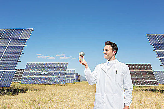 科学家,检查,球体,太阳能电池板