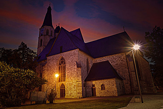 教堂,图林根州,德国,日落