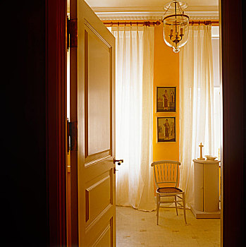 风景,敞门,卧室,亮光,两个,大窗,透明,帘