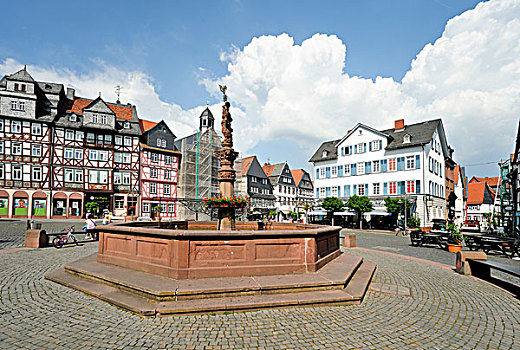 市场,喷泉,布茨巴赫,黑森州,德国,欧洲