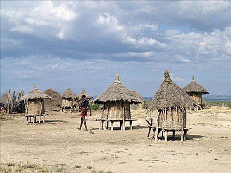 家园,奥莫河,小,茅草屋顶,小屋,建造,地面,食品店,部落,生活方式,三个,乡村,埃塞俄比亚西南部
