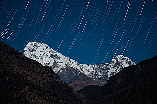 尼泊尔,安纳普尔纳峰,南,山,乡村,夜晚,星迹