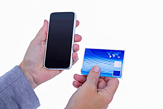 女人,拿着,智能手机,信用卡,白色背景,背景