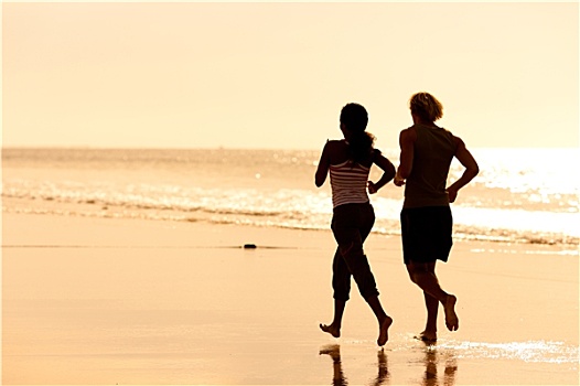 运动,情侣,慢跑,海岸