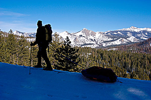 边远地区,滑雪者,剪影,顶峰,途中,冰河,优胜美地国家公园,加利福尼亚