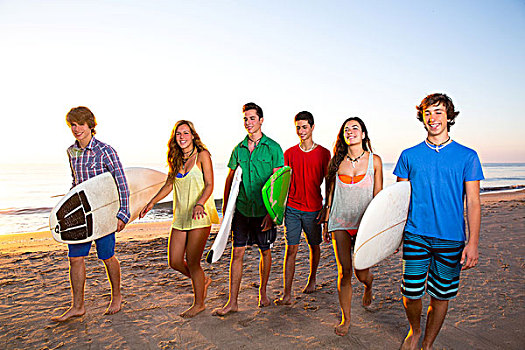 冲浪,青少年,女孩,海滩,阳光,日落