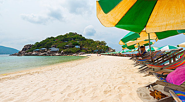 海滩,伞,苏梅岛,靠近,龟岛,海湾,泰国,亚洲