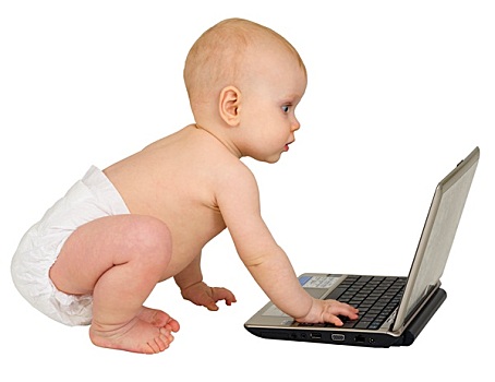 婴儿,白色背景,笔记本电脑