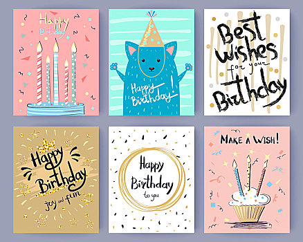 生日快乐,收集,创意,明信片,问候,铭刻,矢量,插画,蛋糕,蜡烛,蓝色,卡通,戴着,帽子