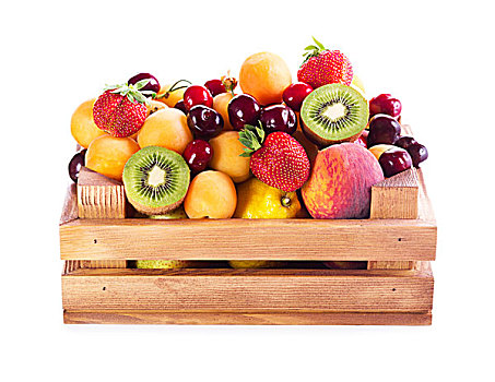 新鲜,多样,水果,木盒,白色背景,背景