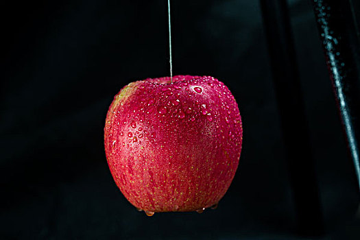 一颗苹果悬挂在黑色的背景上