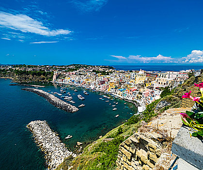 风景,岛屿,普罗奇达,彩色,房子,港口,码头,那不勒斯湾,坎帕尼亚区,意大利,欧洲