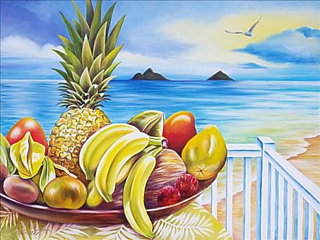 美好生活,夏威夷,瓦胡岛,新鲜,热带水果,远眺,海洋,莫库鲁阿岛,岛屿,油画
