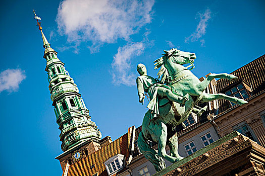 丹麦,主教,骑马雕像,背景,哥本哈根