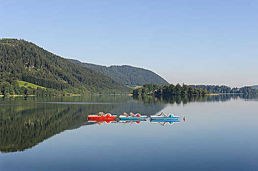 三个,踏板船,湖,上巴伐利亚,巴伐利亚,德国,欧洲