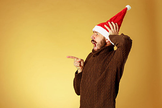严肃,圣诞节,男人,戴着,圣诞帽