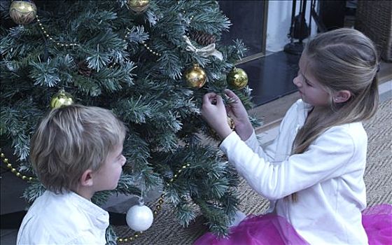 圣诞节,孩子,装饰,圣诞树