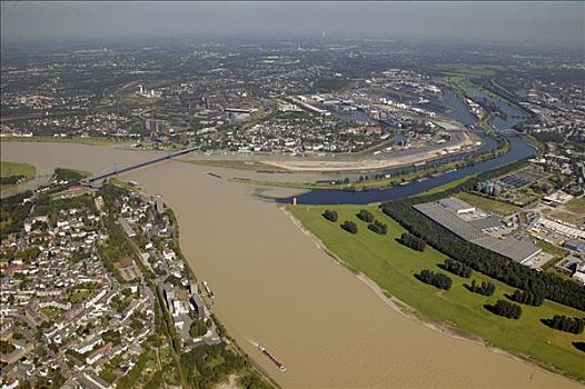 航拍,褐色,莱茵河,洪水,水,高山地区,混合,清洁,嘴,河,靠近,杜伊斯堡,地区,北莱茵威斯特伐利亚,德国,欧洲