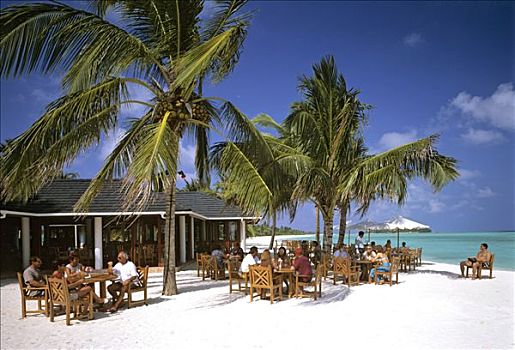 鸡尾酒吧,餐馆,海滩,棕榈树,太阳,岛屿,阿里环礁,马尔代夫,印度洋