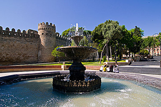 喷泉,城市,墙壁,老城,巴库,阿塞拜疆