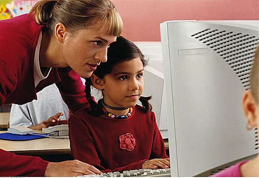 女性,教师,帮助,女孩,使用,电脑,教室