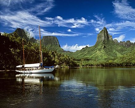 帆船,湾,山,茉莉亚岛,社会群岛,法属玻利尼西亚,南太平洋,大洋洲