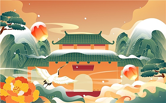冬至立冬節(jié)氣中國(guó)風(fēng)古建筑城市景點(diǎn)雪景插畫