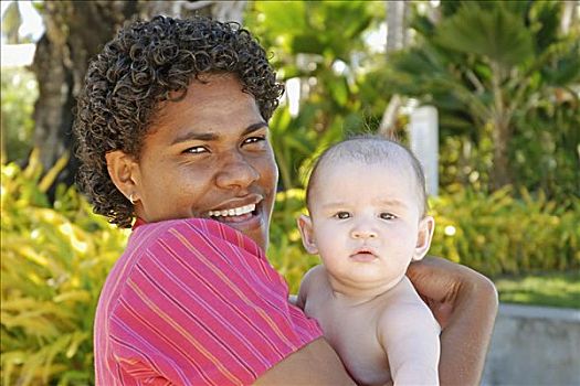 斐济,维提岛,珊瑚海岸,斐济人,女人,拿着,游客,婴儿