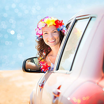高兴,女人,驾驶员,穿,夏威夷,花,花环,海滩,夏天,假期,概念