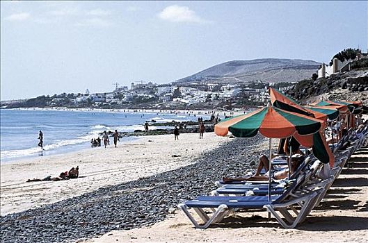 海滩,折叠躺椅,哥斯达黎加,富埃特文图拉岛,加纳利群岛,西班牙,欧洲